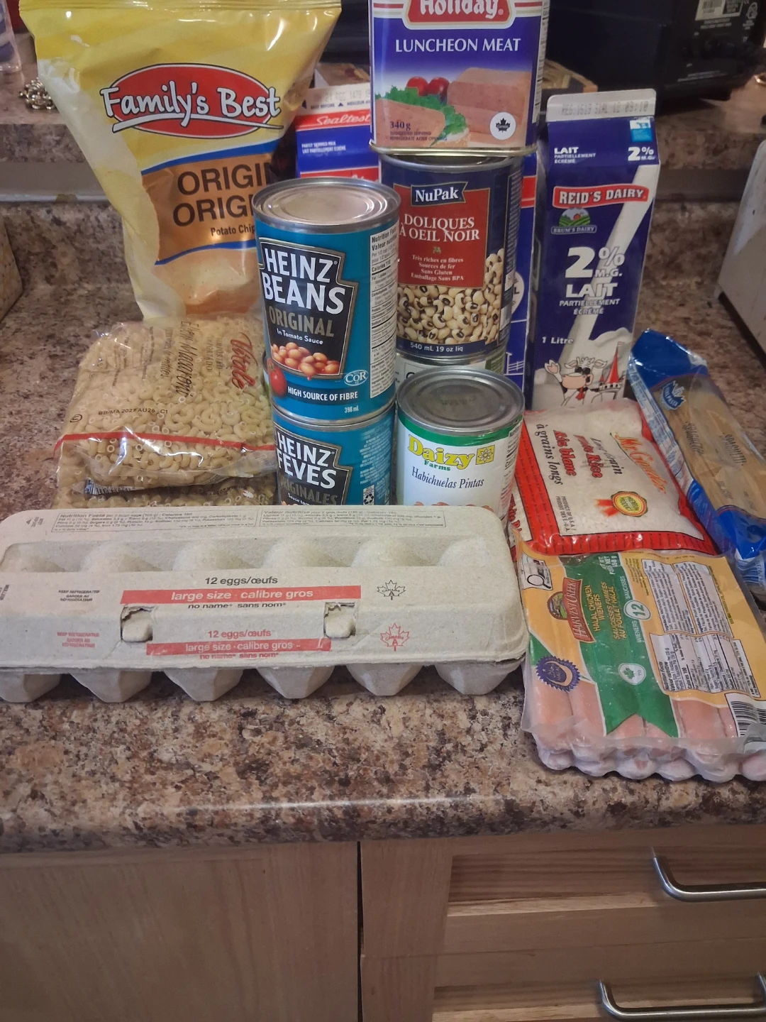 Assorted Groceries: Rice, Pasta, Beans, Meat, Eggs, Potatoes - photo 2