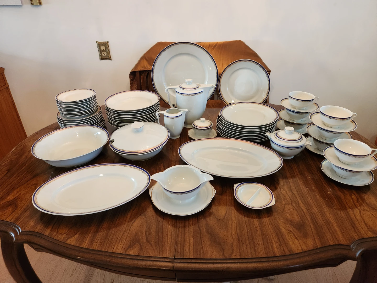 White Dinnerware Set with Blue and Gold Trim - photo 2