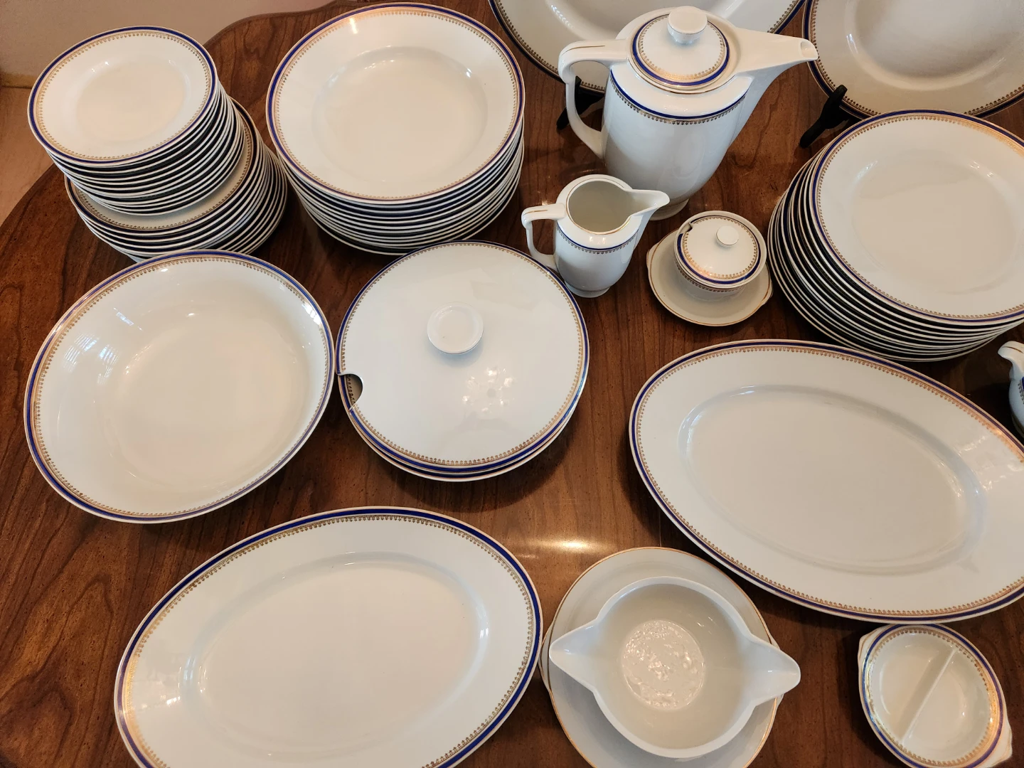 White Dinnerware Set with Blue and Gold Trim - photo 3