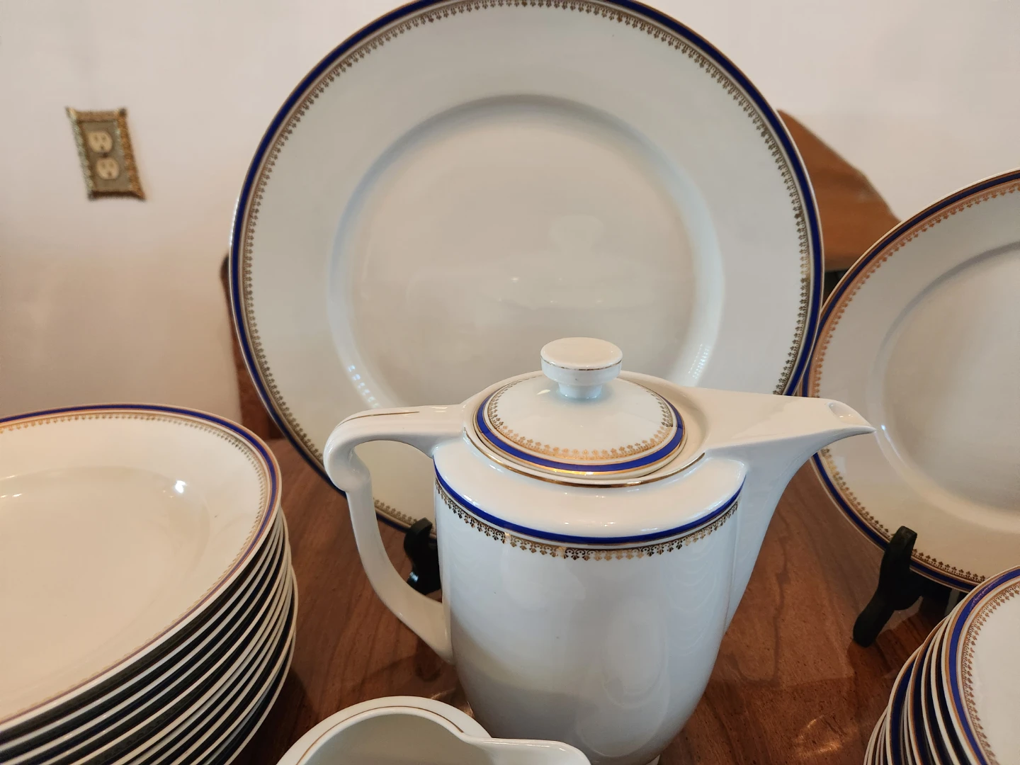 White Dinnerware Set with Blue and Gold Trim - photo 4