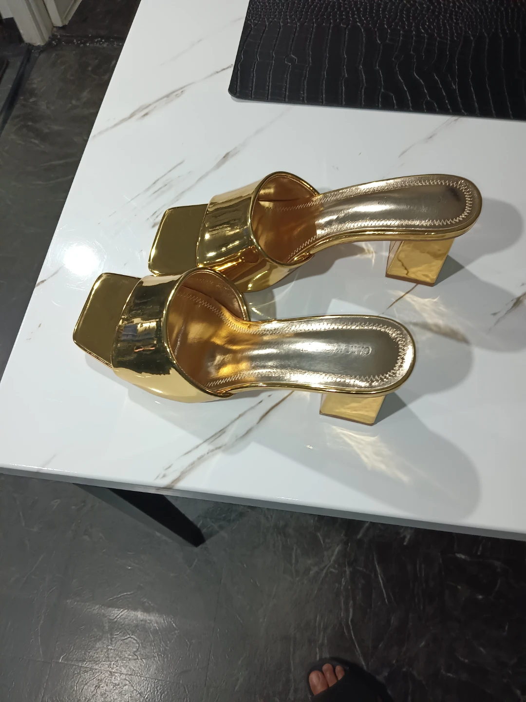 Gold Square Toe Heeled Mules