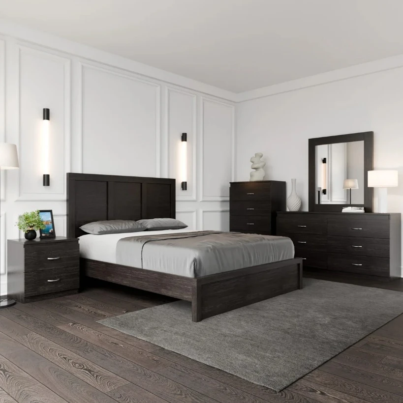 Dark Wood Bedroom Set - Bed, Dressers, Nightstand