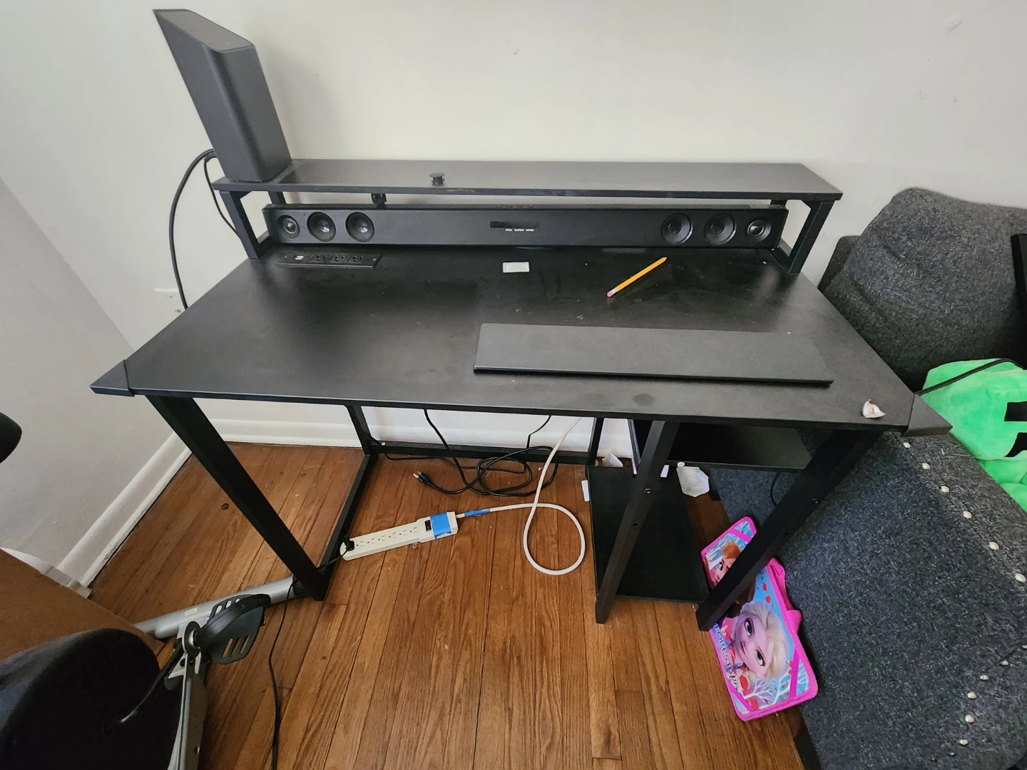 Black Gaming Desk with Built-in Power Strip and Soundbar Mount - photo 4