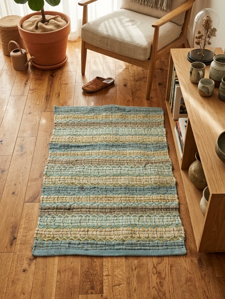 Woven Area Rug - Blue, Beige, and Cream Stripes