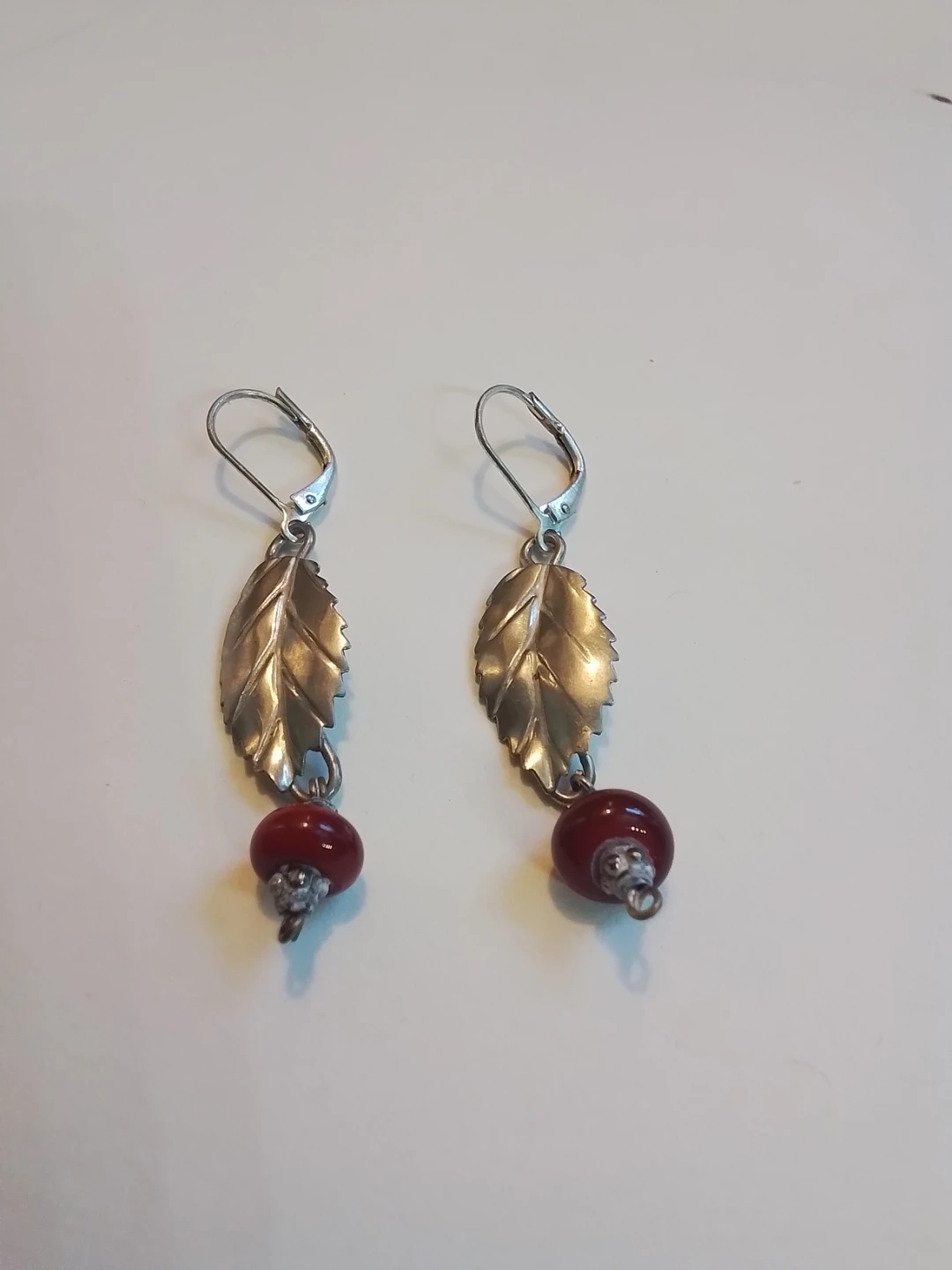 Nickel Silver Leaf & Red Bead Dangle Earrings - photo 4