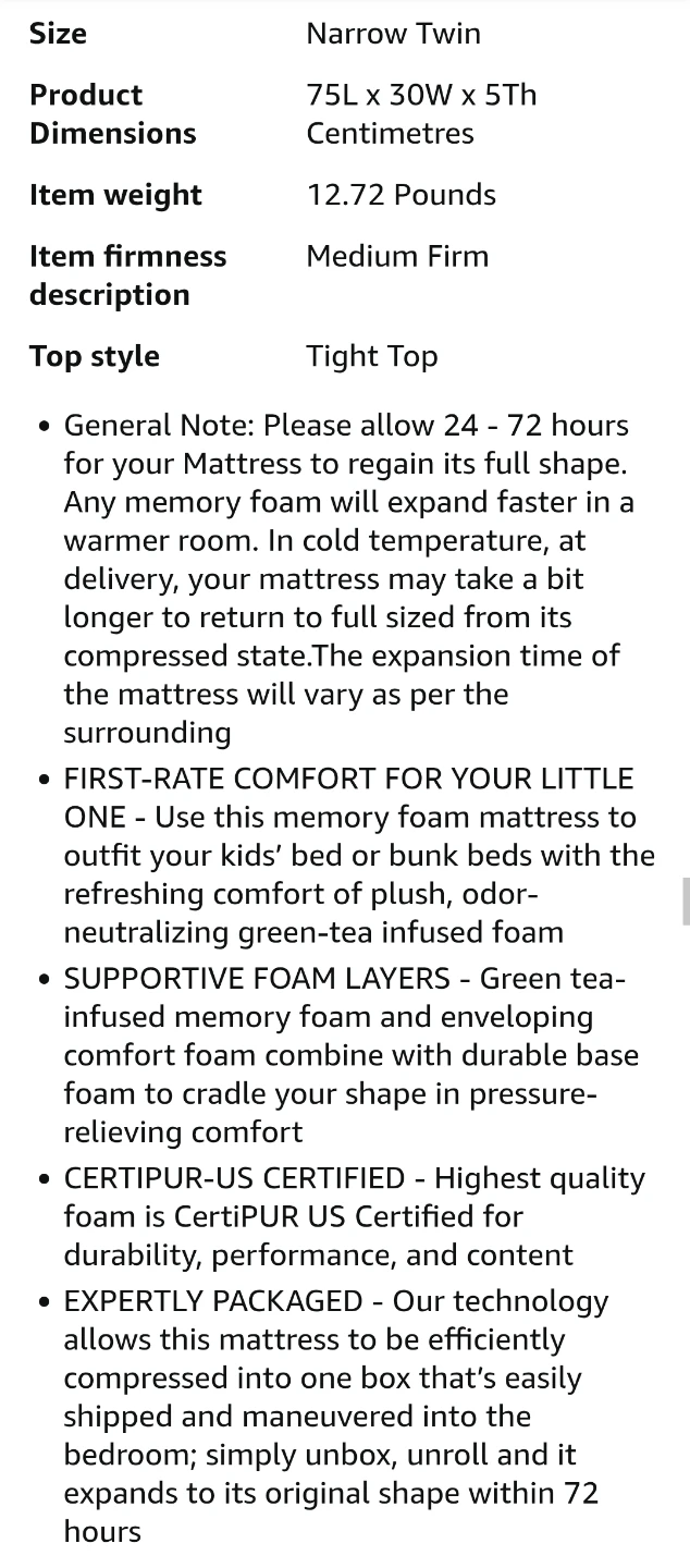 NEW Zinus 5” Memory Foam Mattress – Narrow Twin (30" x 75") - photo 5