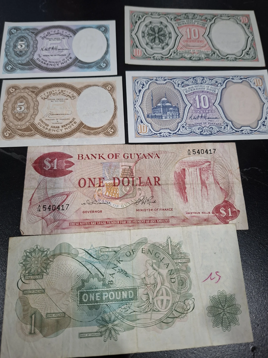 Collection of Banknotes - Egypt, Guyana, and England