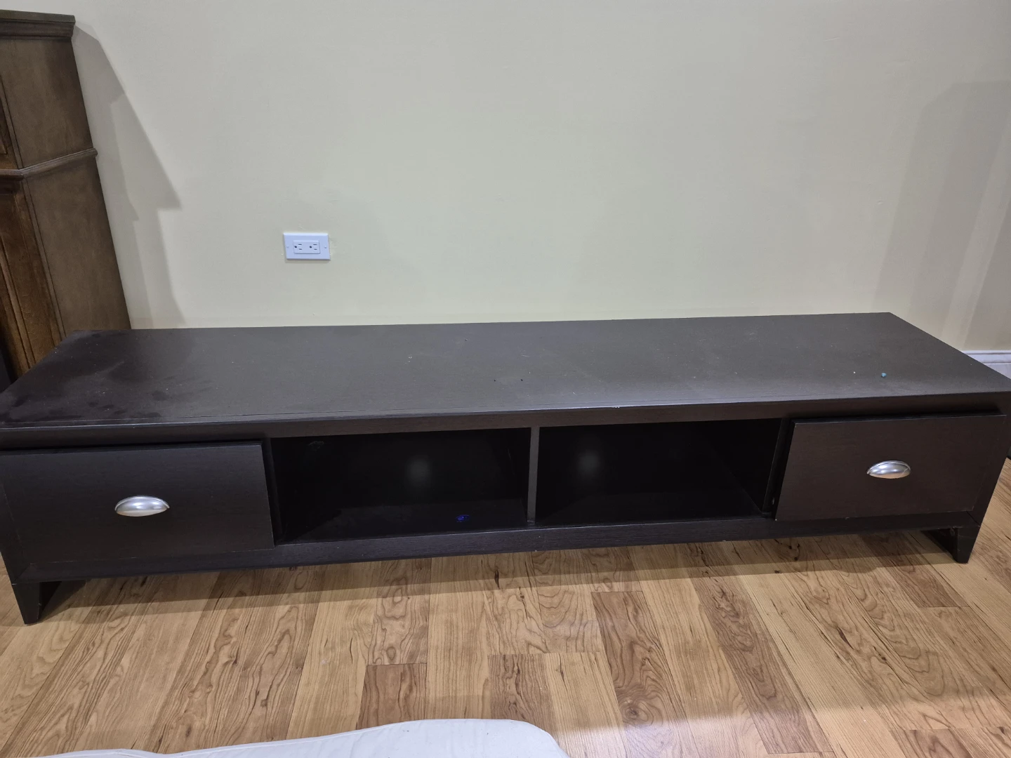 Dark brown TV stand with two drawers and open shelving. - photo 2