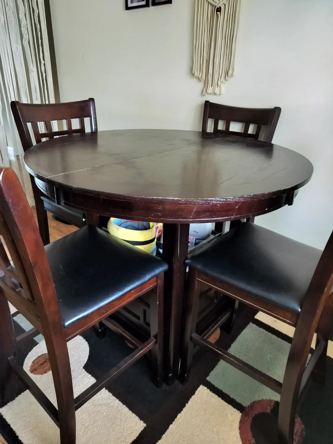 Dark Wood Round extended Counter Height Table with 4 chairs