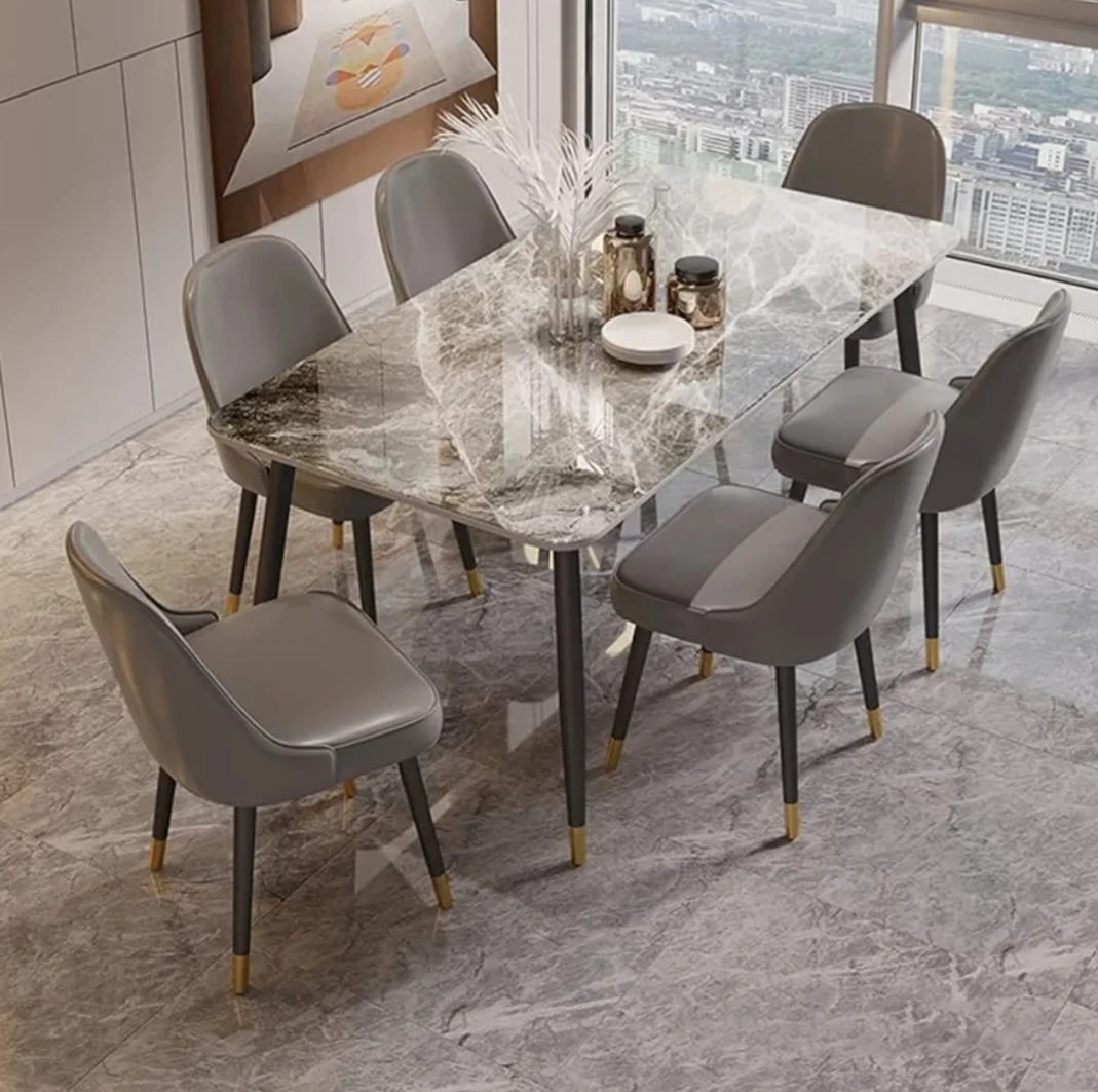 Marble Dining Table Set with 6 Grey Chairs