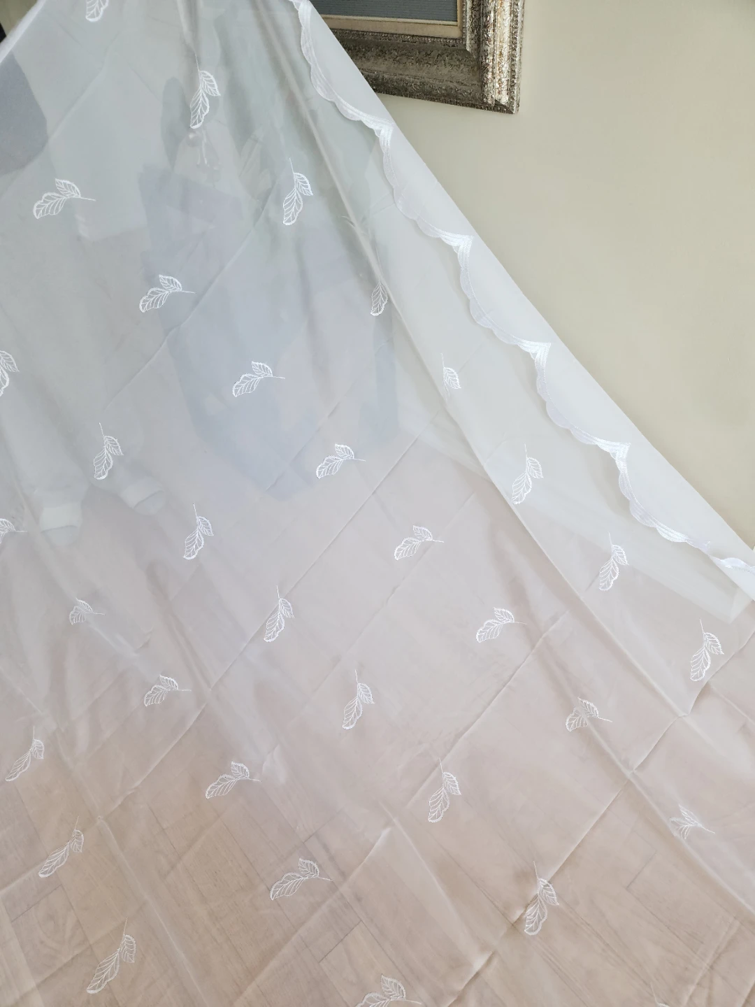 Sheer Curtain material with Leaf Embroidery - White