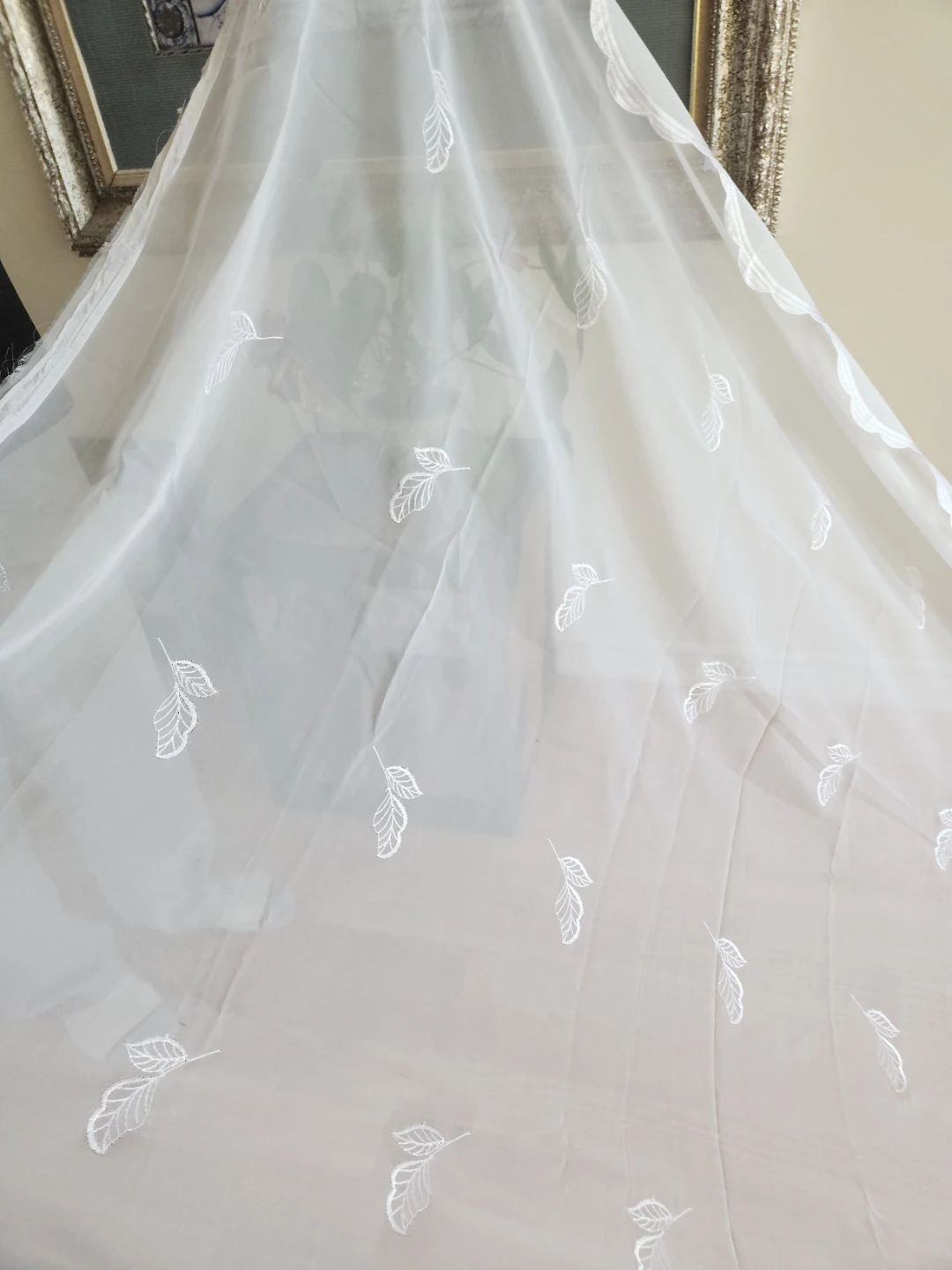 Sheer Curtain material with Leaf Embroidery - White - photo 3