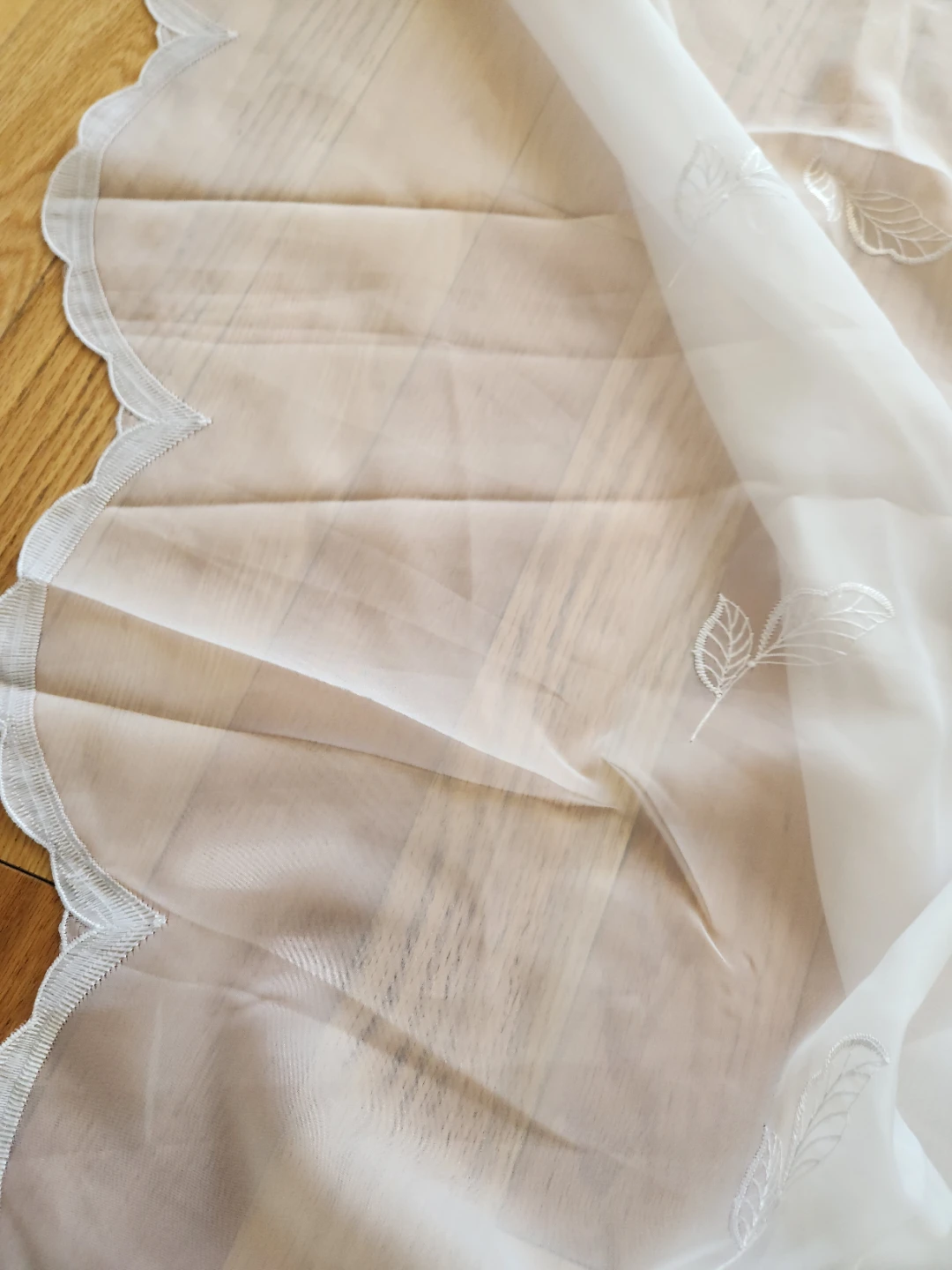 Sheer Curtain material with Leaf Embroidery - White - photo 5