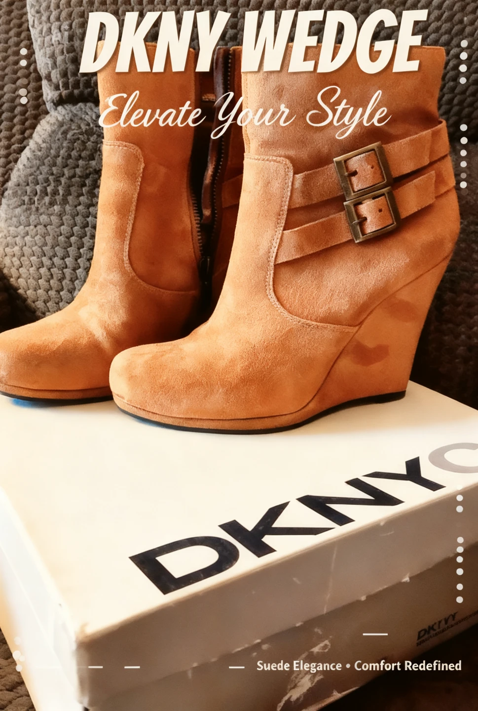 DKNY Suede Wedge Ankle Boots with Buckle Detail - Taupe