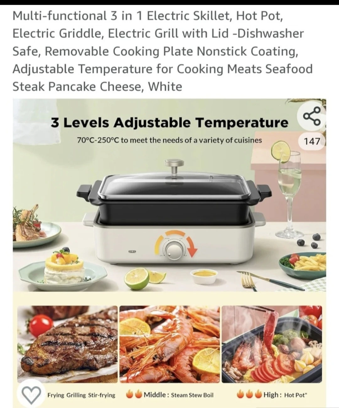 Multi-functional 3 in 1 Electric Skillet, Hot Pot, Electric Grid