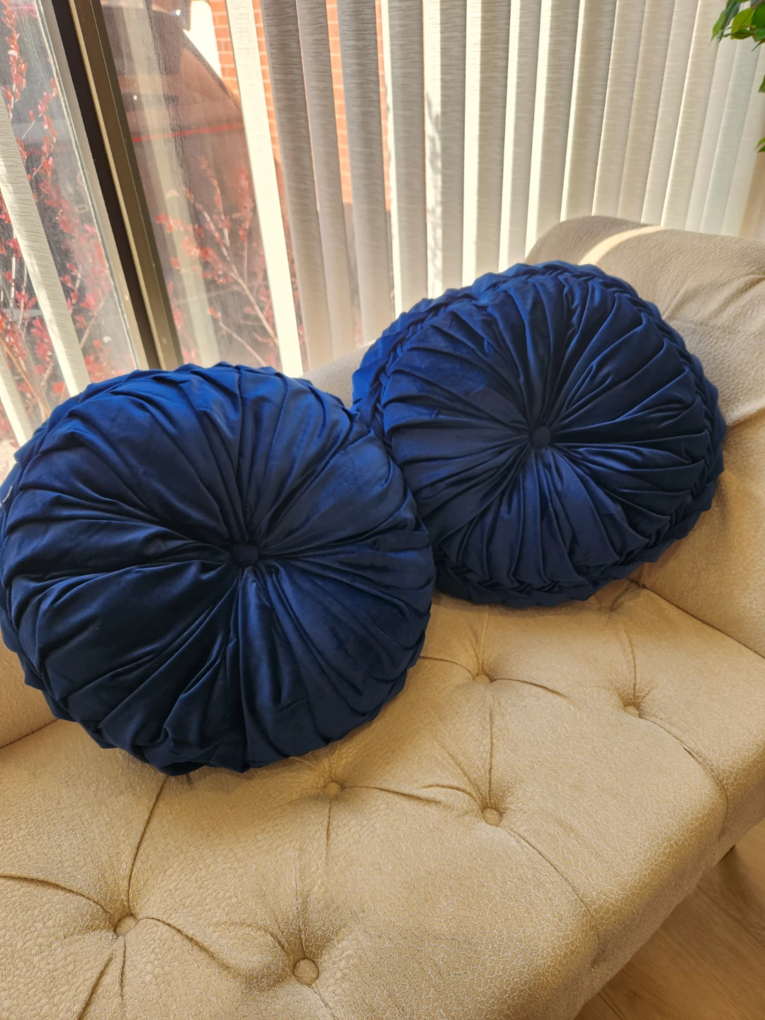Set of 2 Navy Blue Velvet Tufted Round Throw Pillows