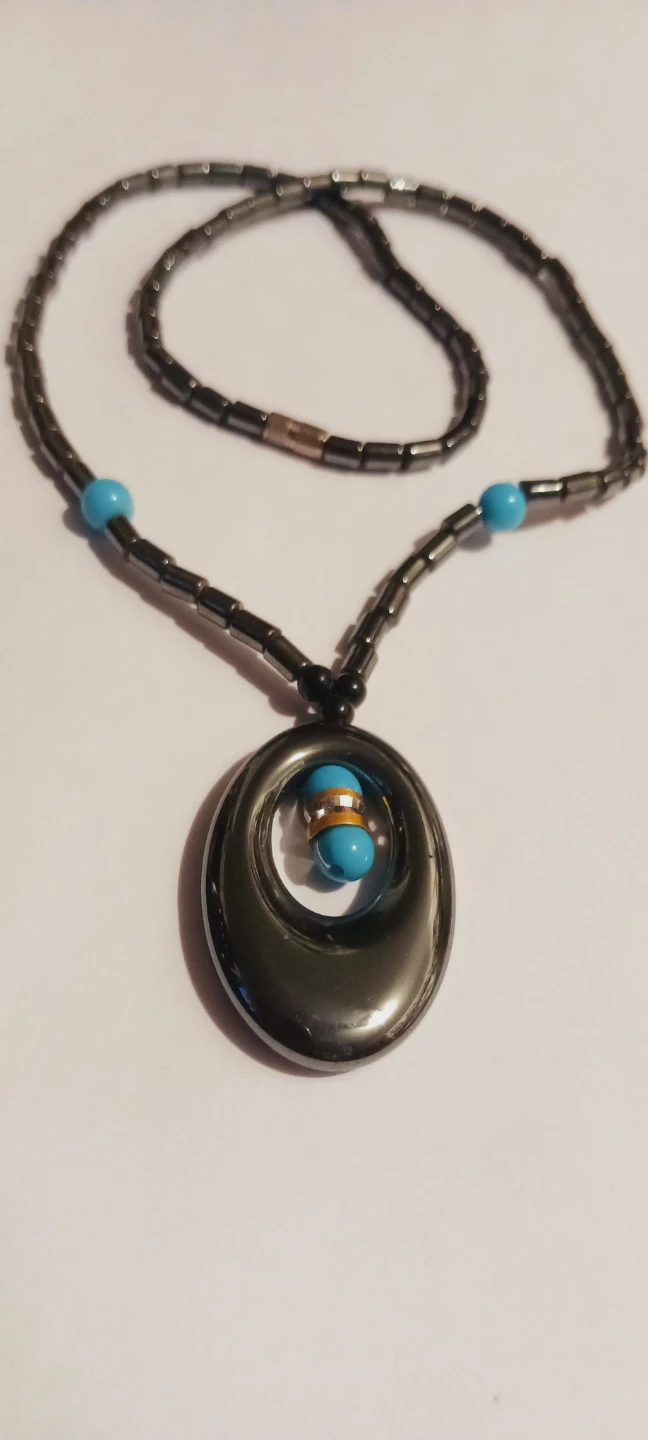 New !! Hematite Necklace with Turquoise Beads and Pendant