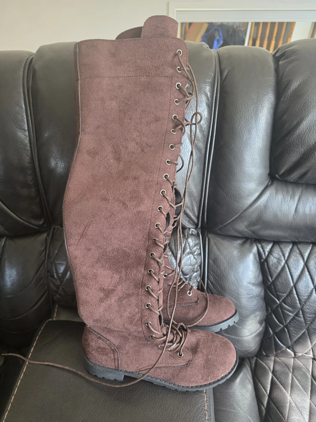 Brown Suede Knee-High Lace-Up Boots