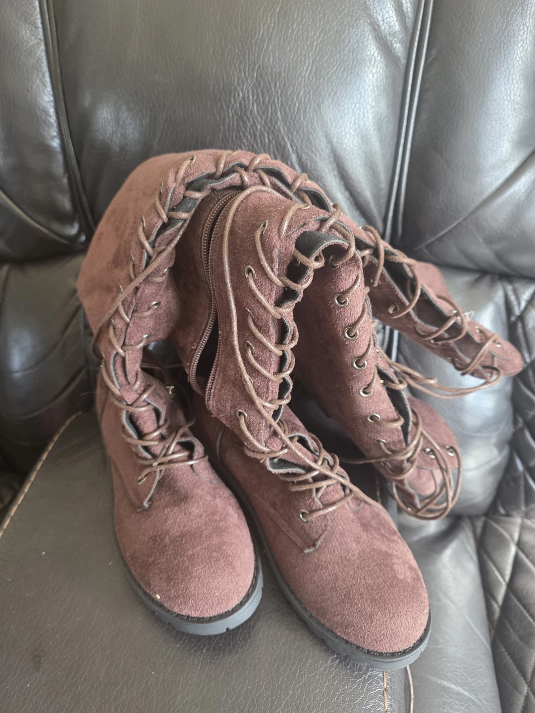 Brown Suede Knee-High Lace-Up Boots - photo 2