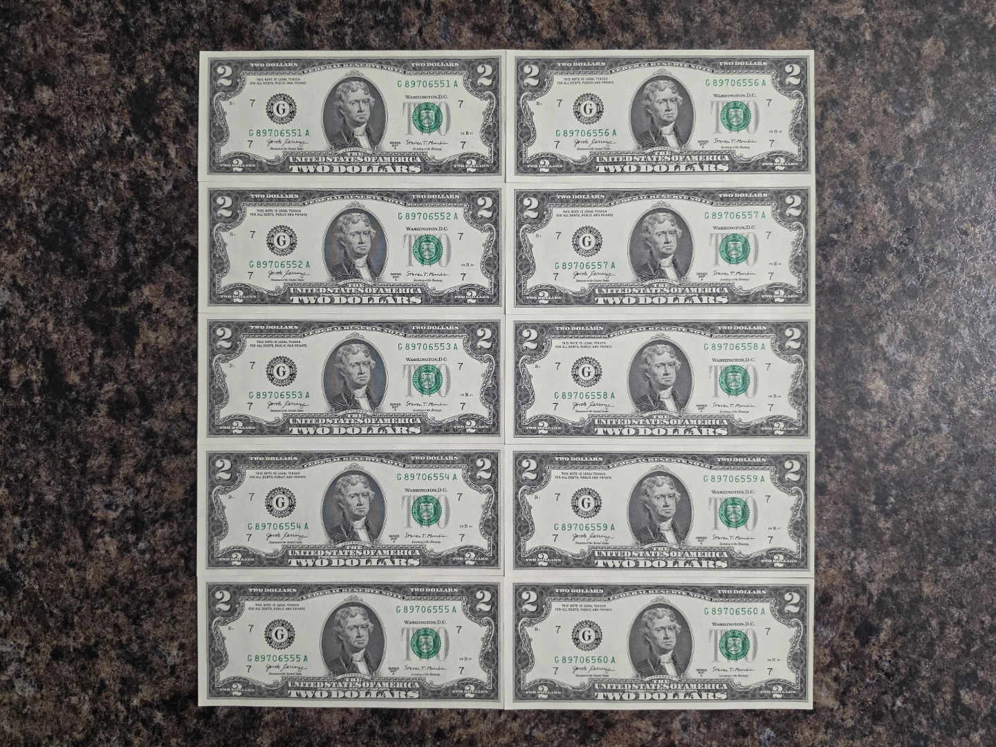 Pack of (10) NEW $2 Bills Uncirculated Consecutive Serial#