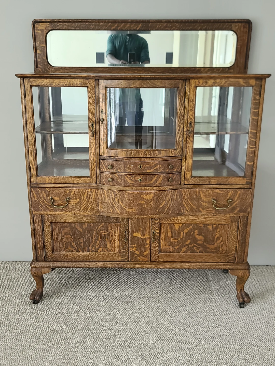 Antique Oak China Cabinet with Mirror