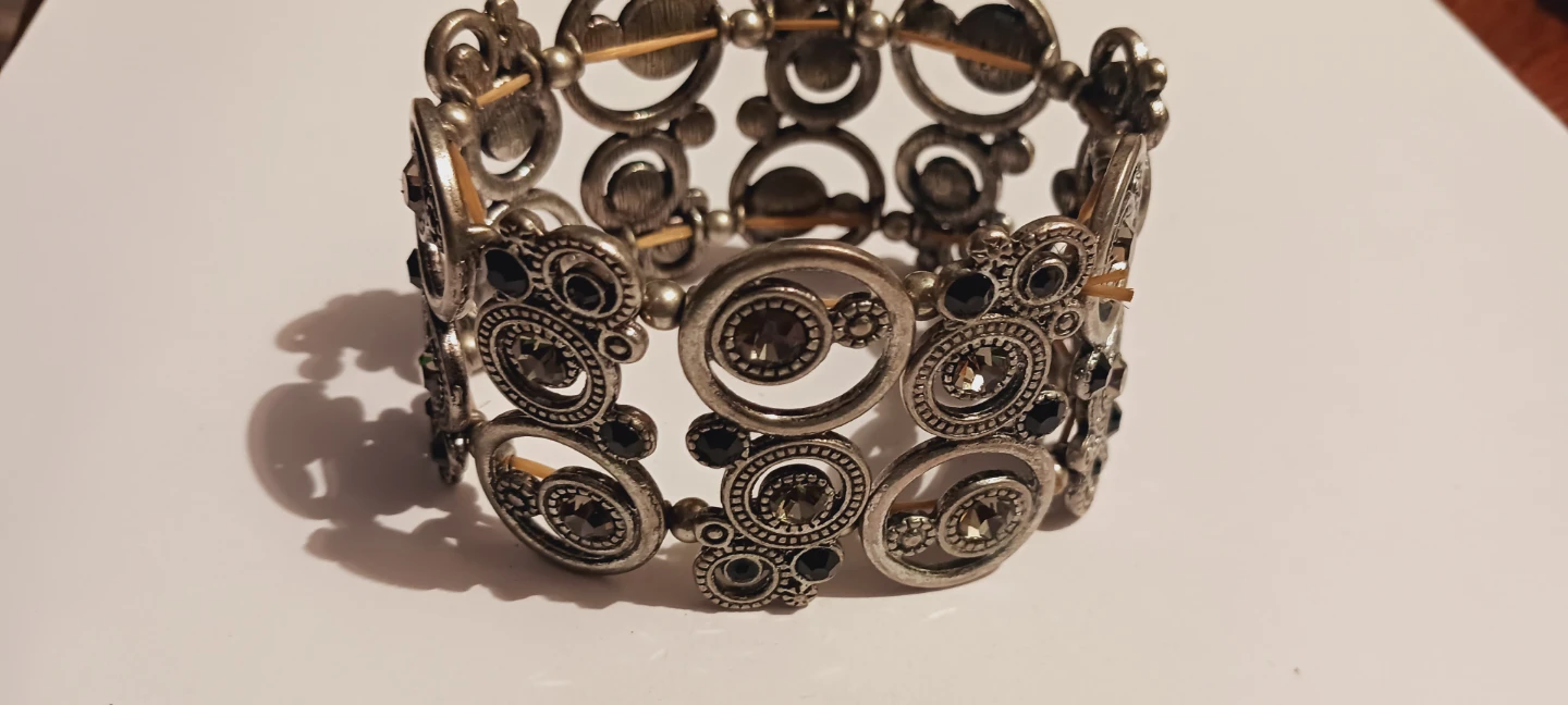 Silver Tone Stretchy Bracelet with Black and Clear Gems