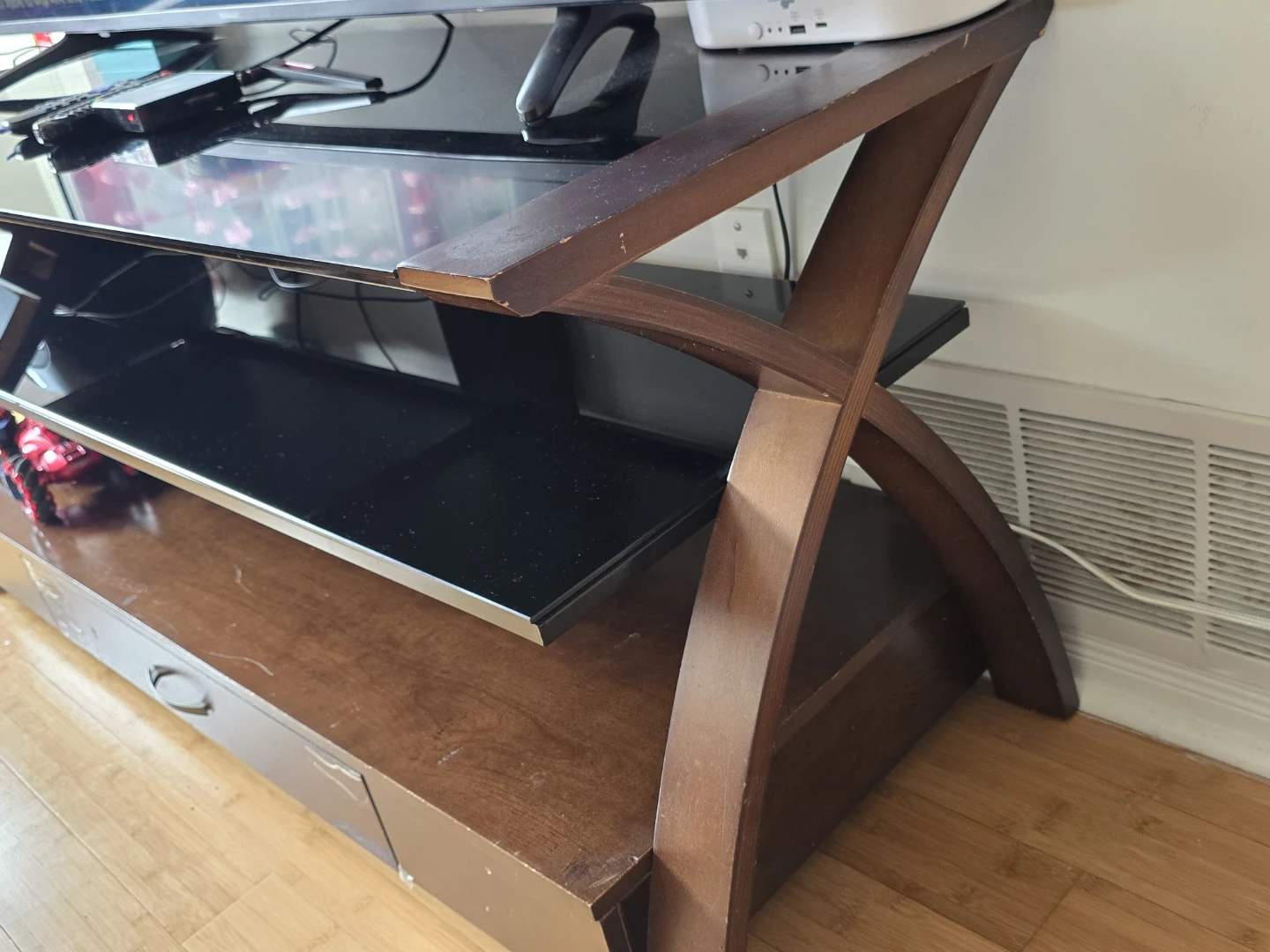 Dark Wood TV Stand with Glass Shelves - photo 4