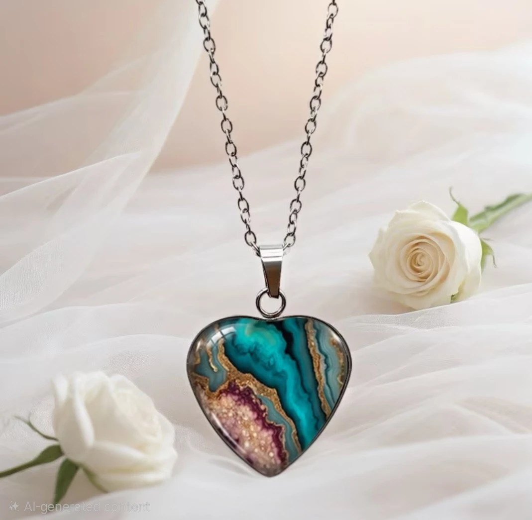 Indigo and Pink Inspired Heart Shaped Glass Pendant Necklace - photo 4