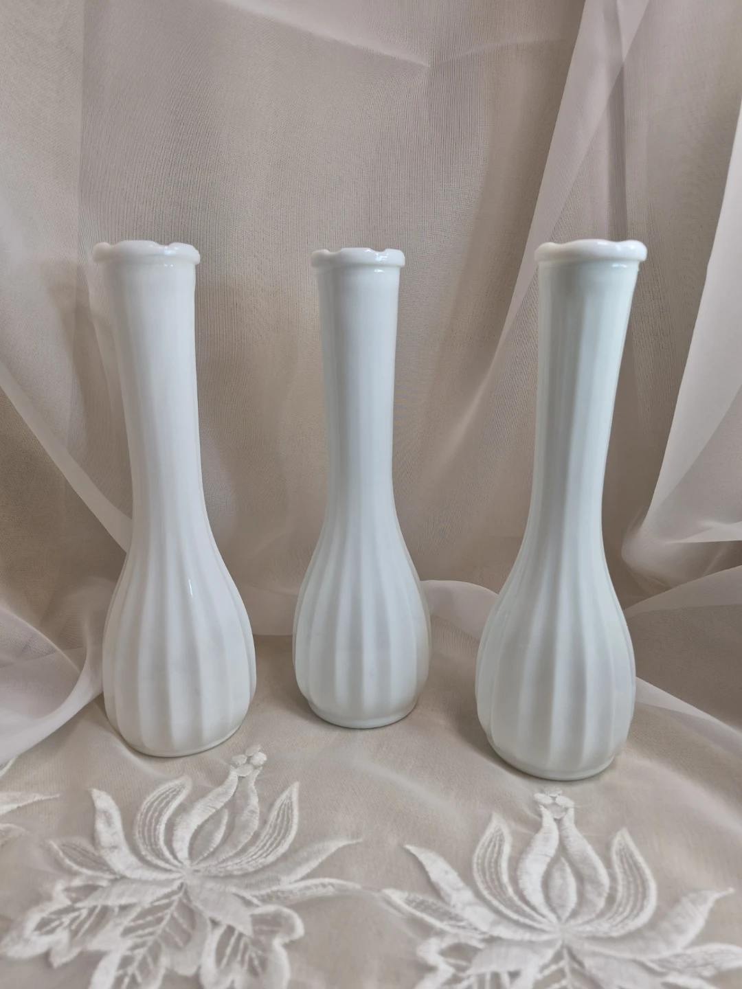 Set of 3 Vintage White Milk Glass 8 3/4" Tall Matching Vases