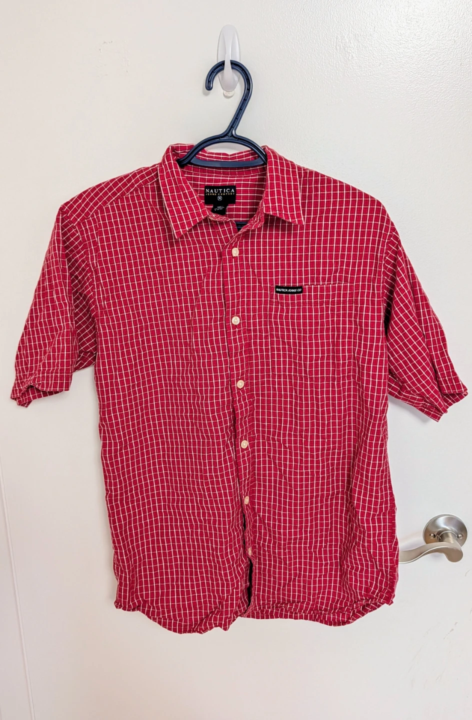 Nautica Red Plaid Short Sleeve Button Up Shirt - Youth Large