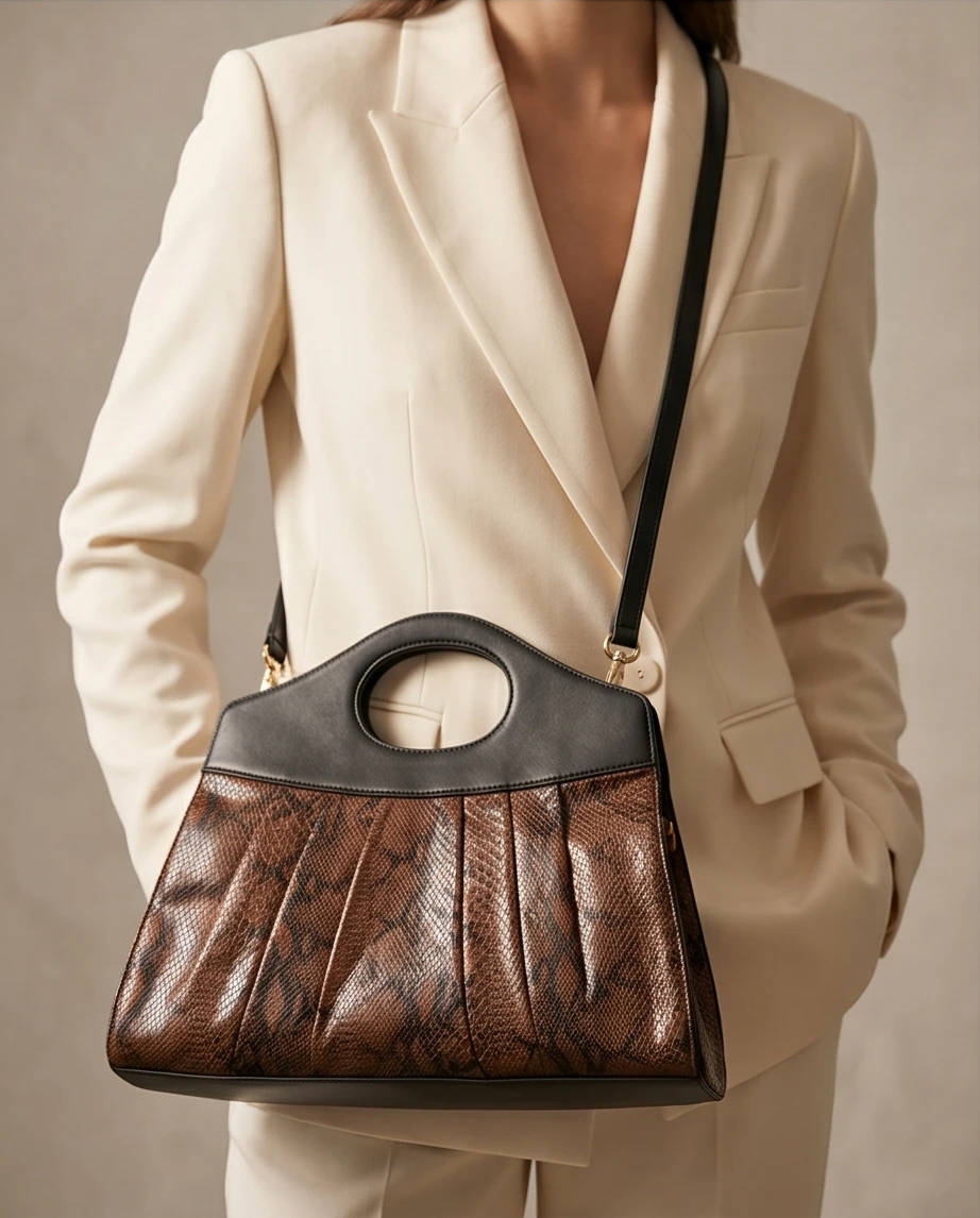 Brown Snake Print Pleated Handbag