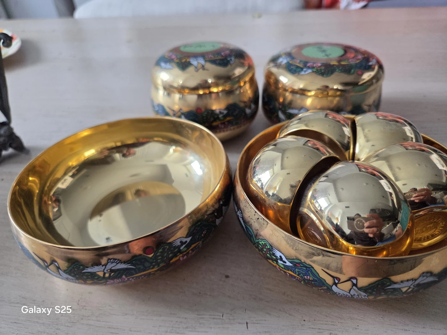 Brass Bowls and Boxes with Crane Motif