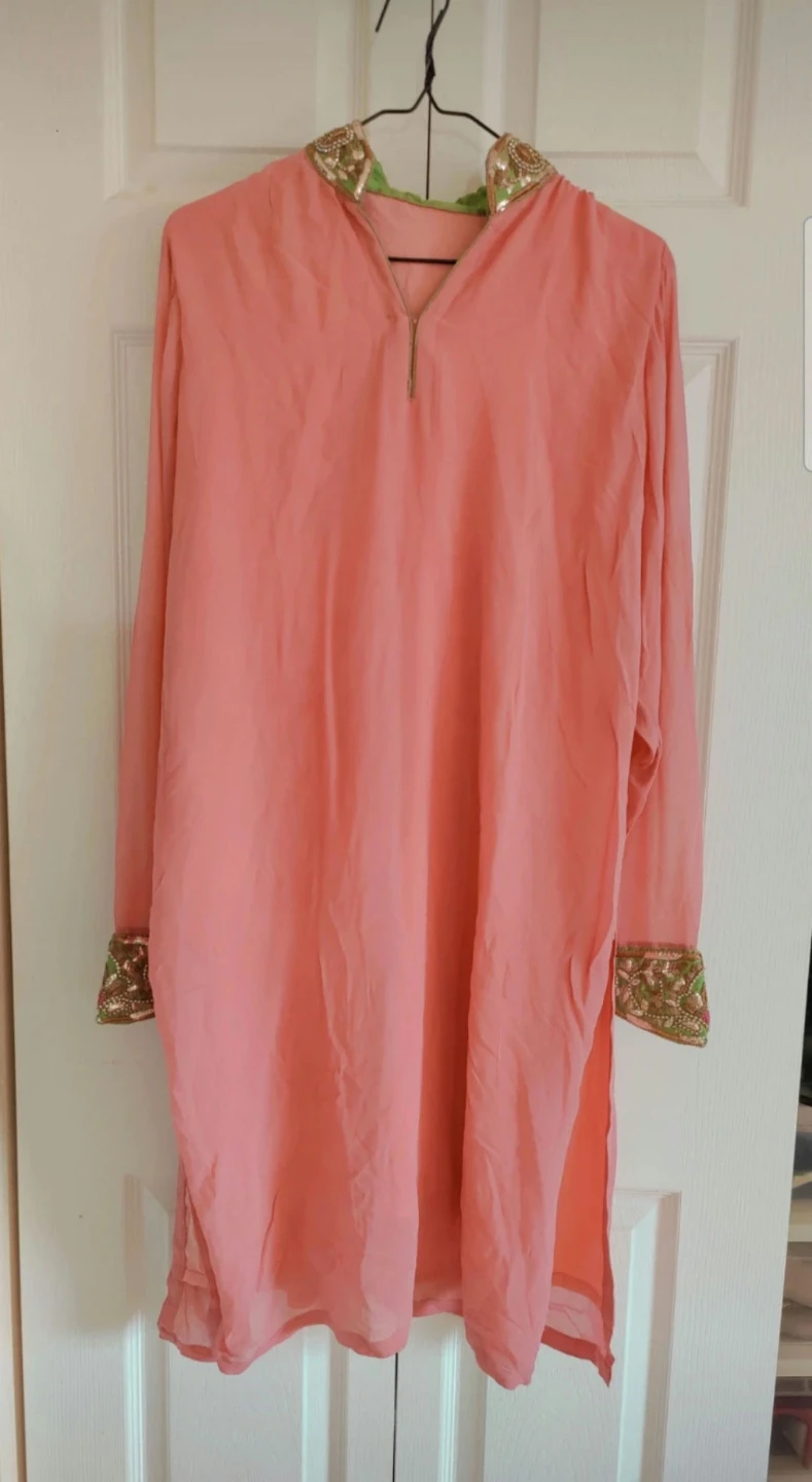 Coral Tunic Dress with Gold & Green Embellished Trim