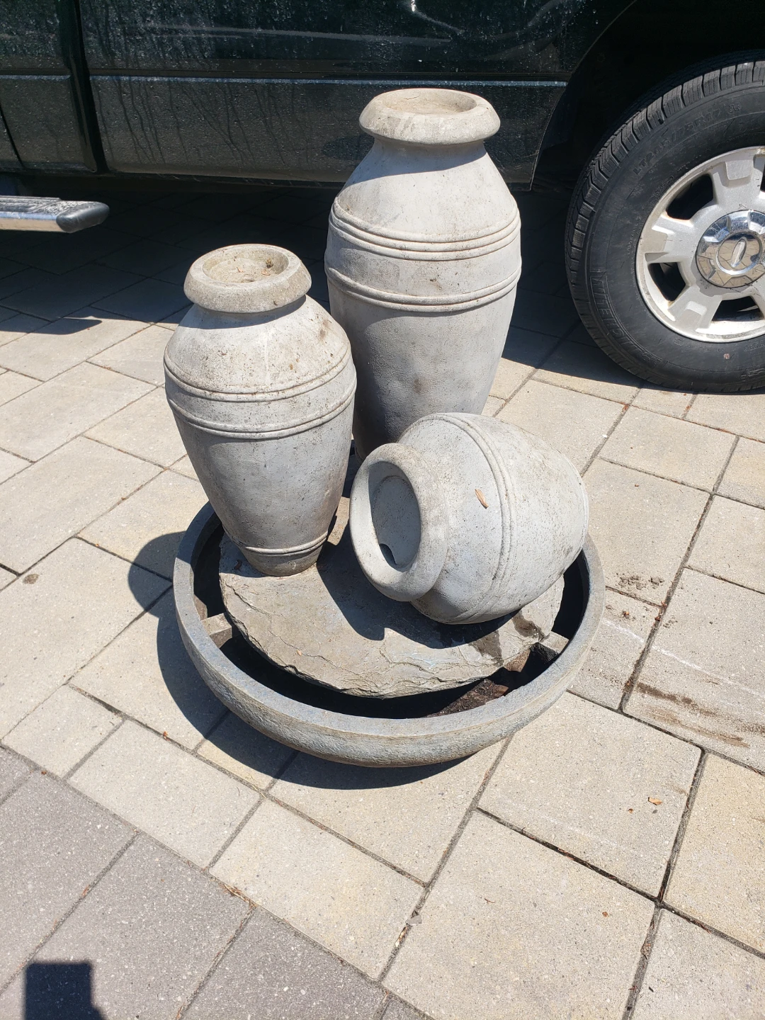 Set of 3 Decorative Grey Stone Vases with Base