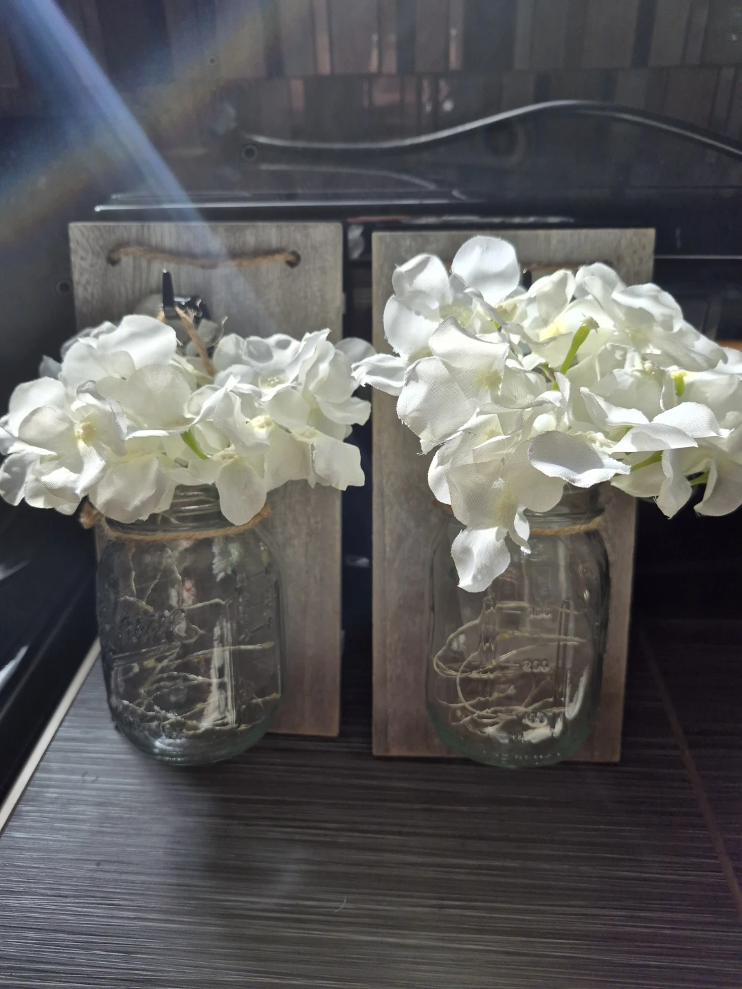 Pair of White Hydrangea Mason Jar Wall Sconces
