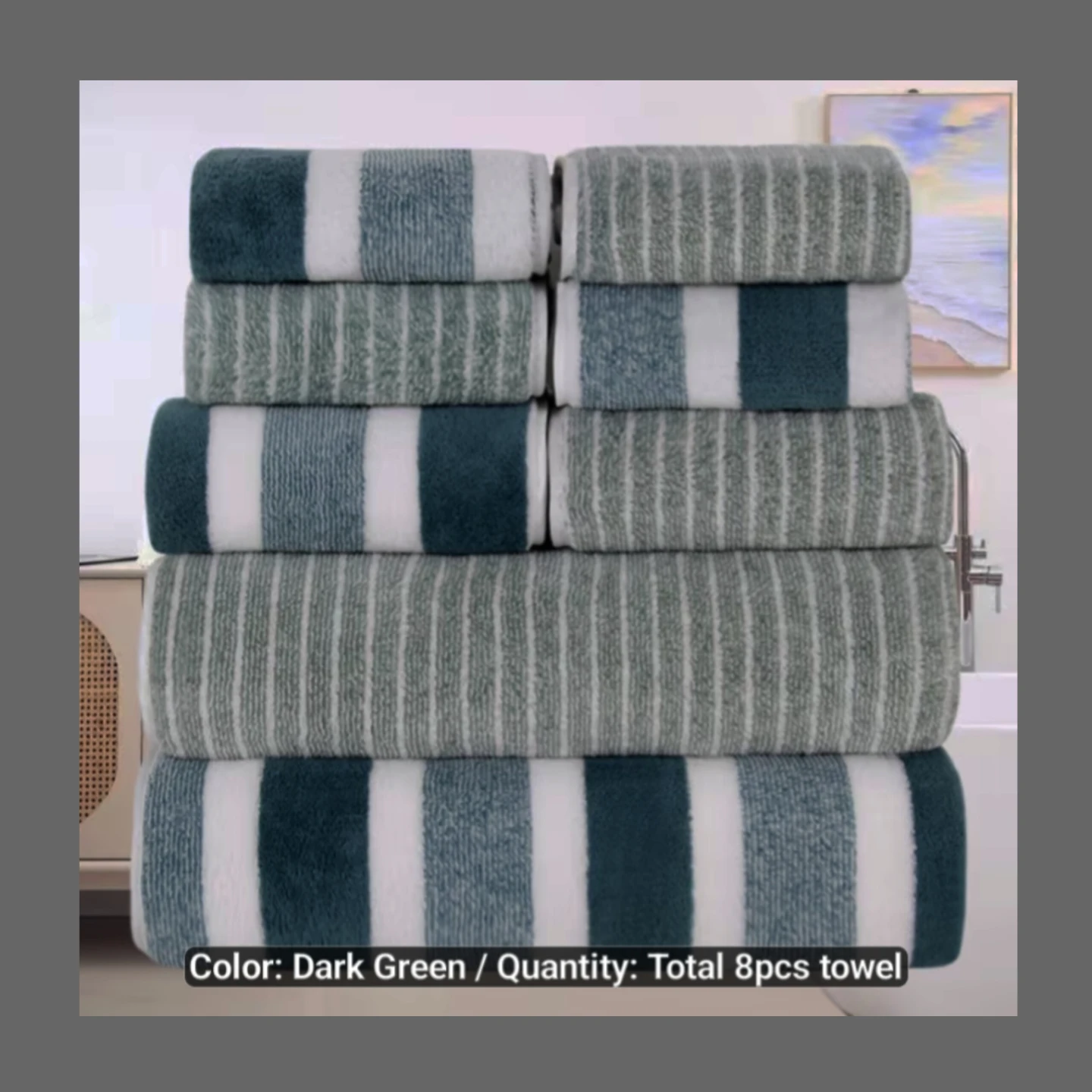 8 Piece Towel Set - Dark Green & White Stripes