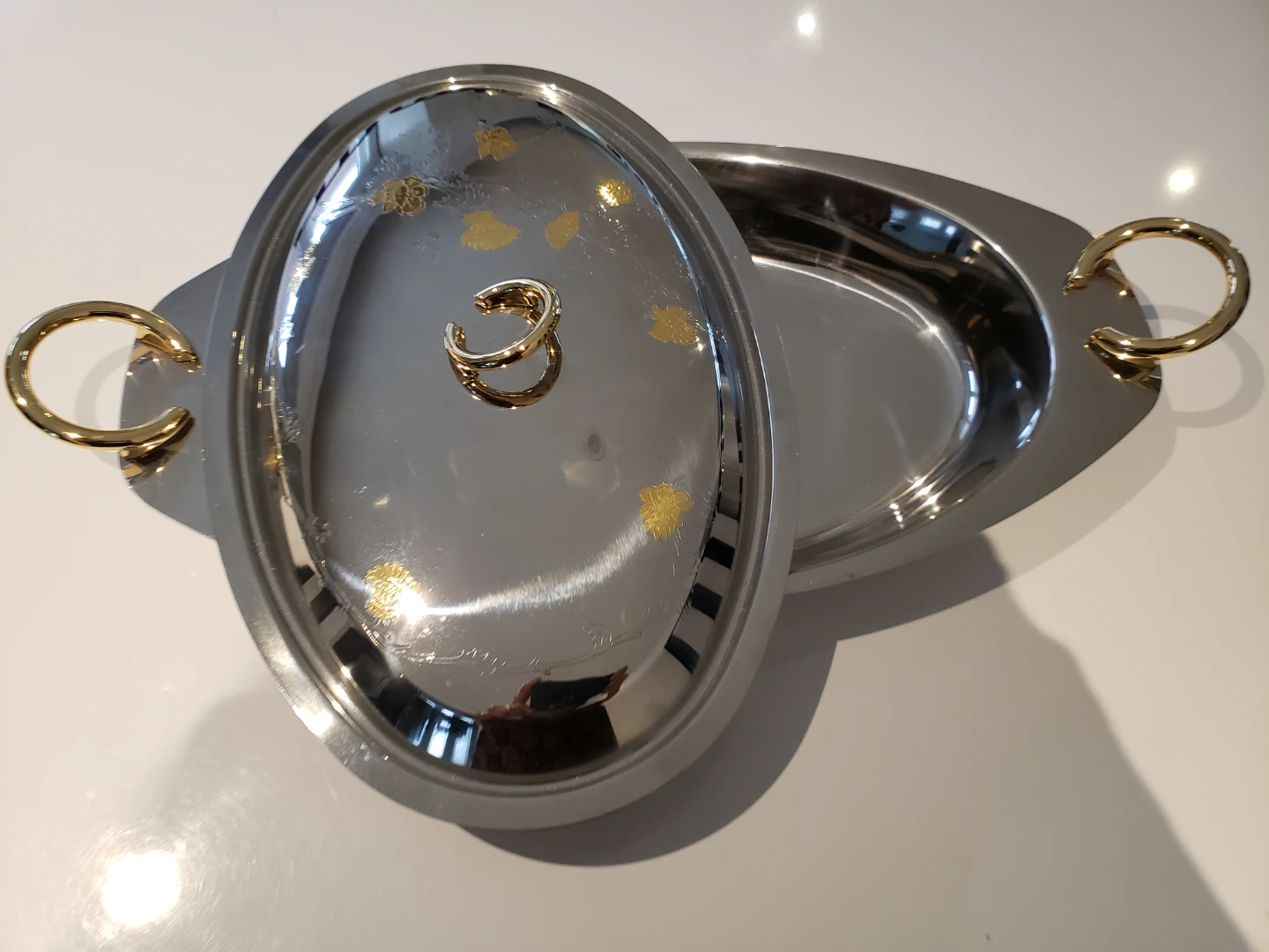 Oval Serving Dish with Gold Handles and Leaf Design