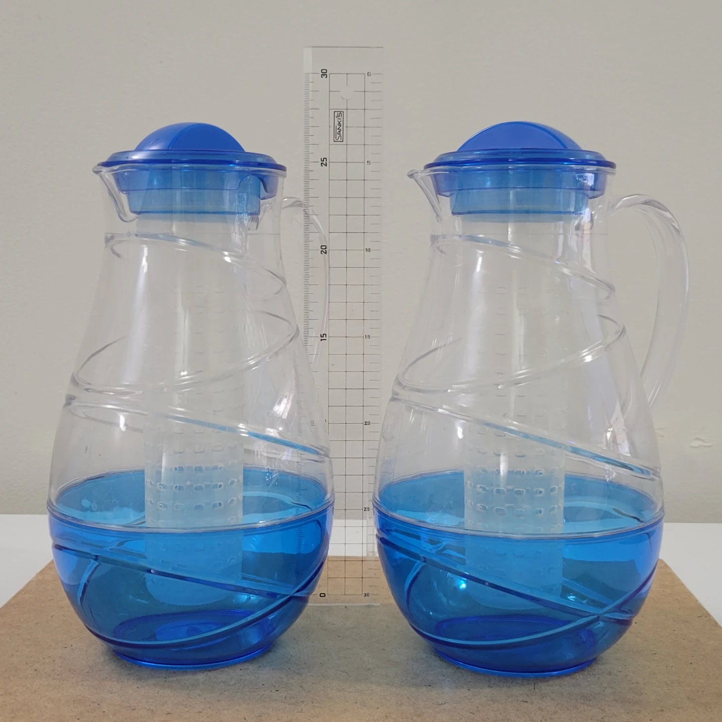 Set of 2 Clear Plastic Pitchers with Blue Lids and Infusers