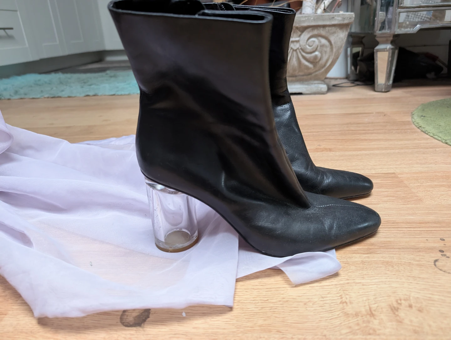 Black Leather Ankle Boots with Clear Heels
