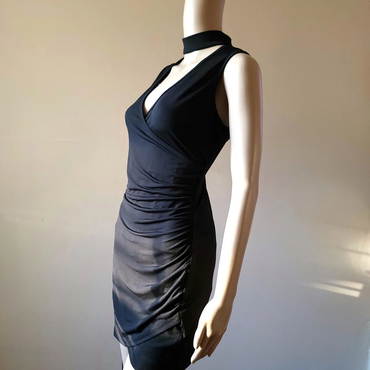 Black Ruched V-Neck Dress with Choker Neckline - photo 3