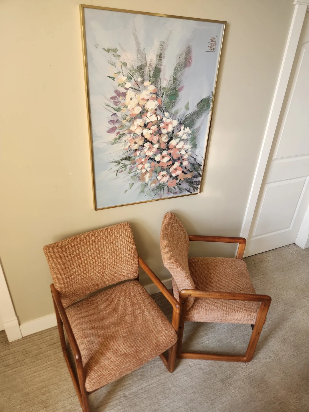 A Pair of mid century wood frame Accent Chairs
