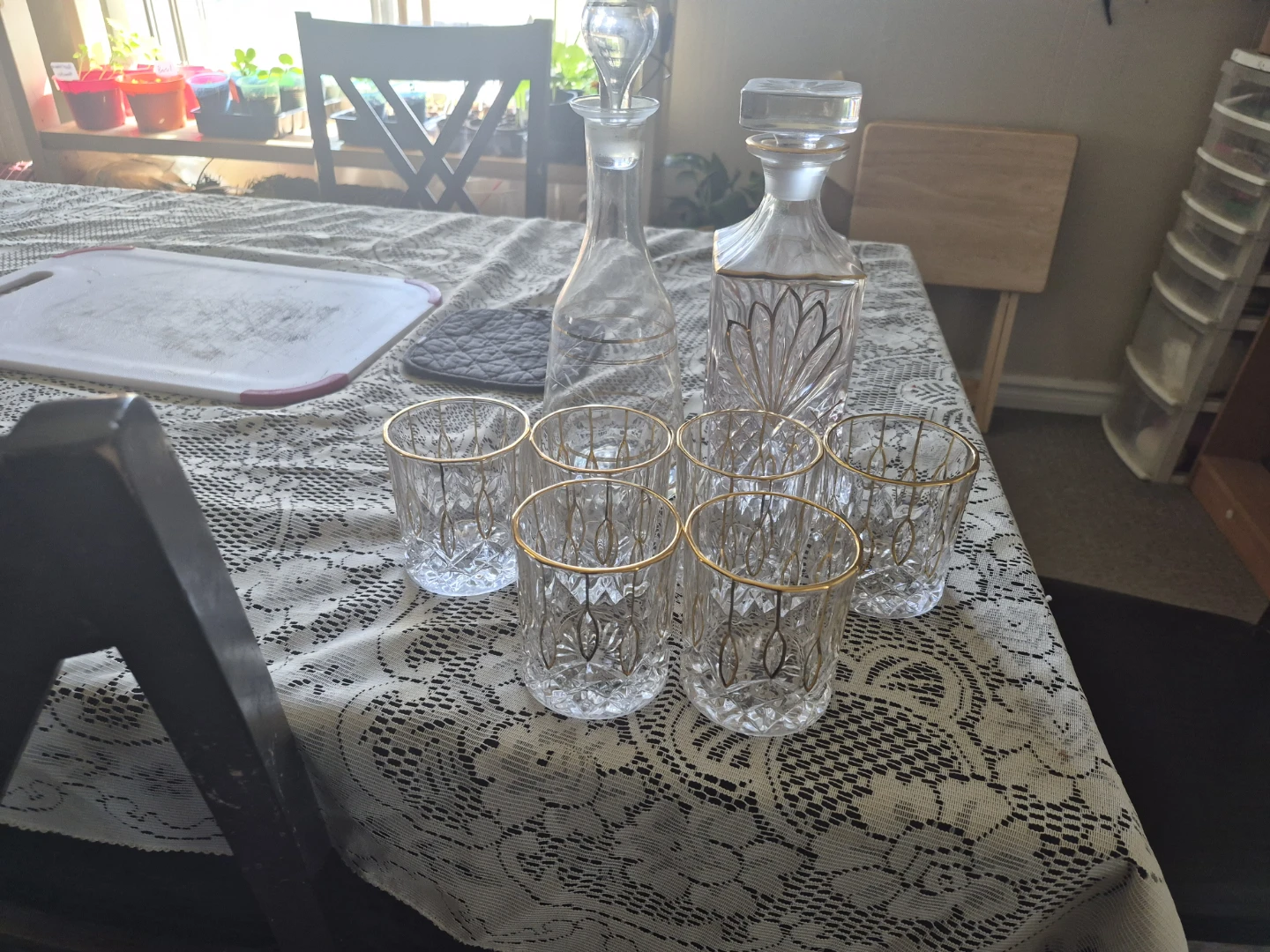 Crystal Glass Decanter and Tumbler Set with Gold Trim