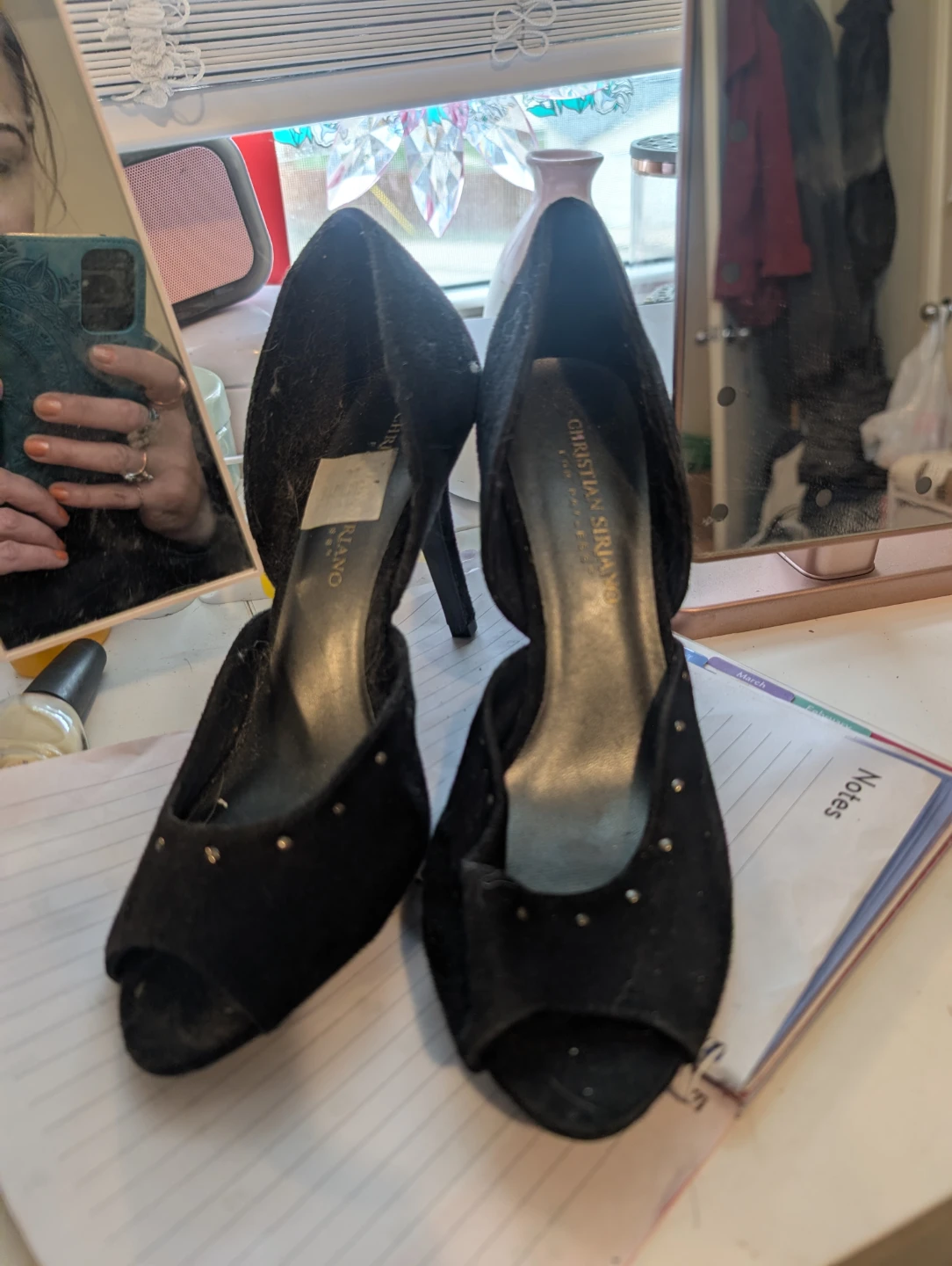 Christian Siriano Black Suede Studded Peep-Toe Heels