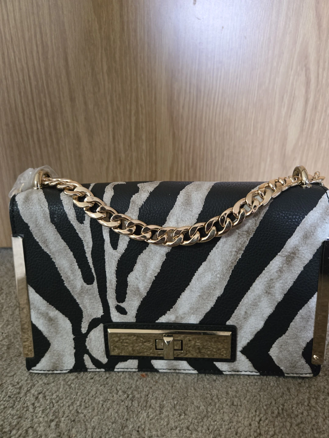 Zebra Print Crossbody Bag with Gold Chain