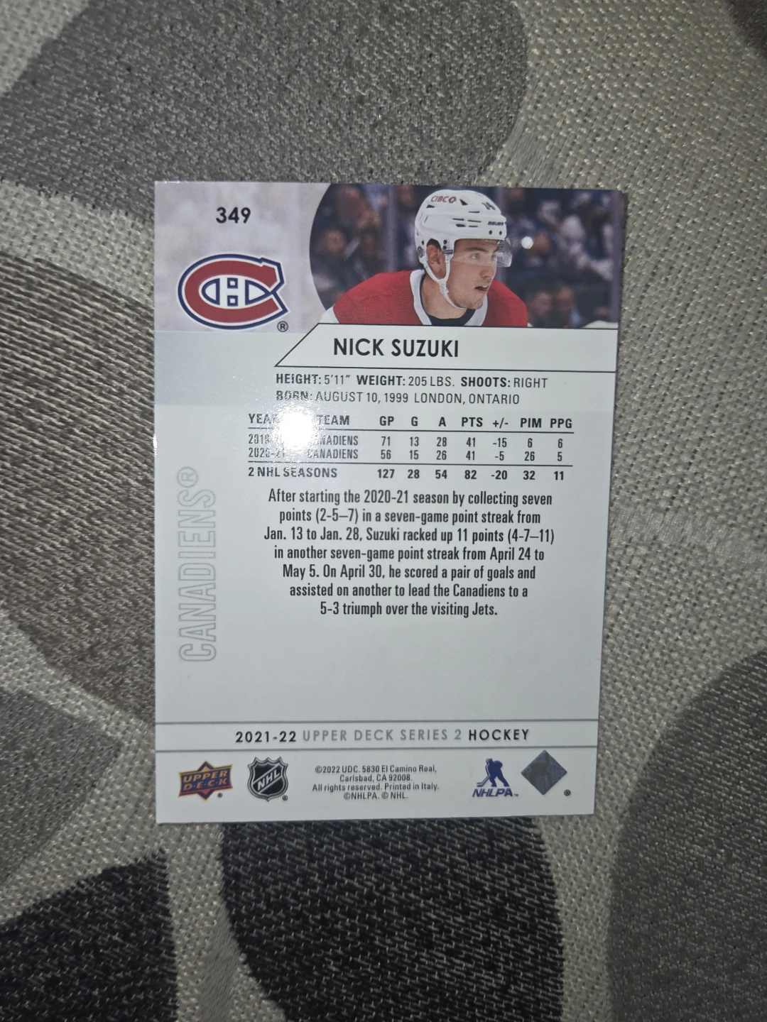 2021-22 Upper Deck Series 2 Nick Suzuki Hockey Card - photo 2