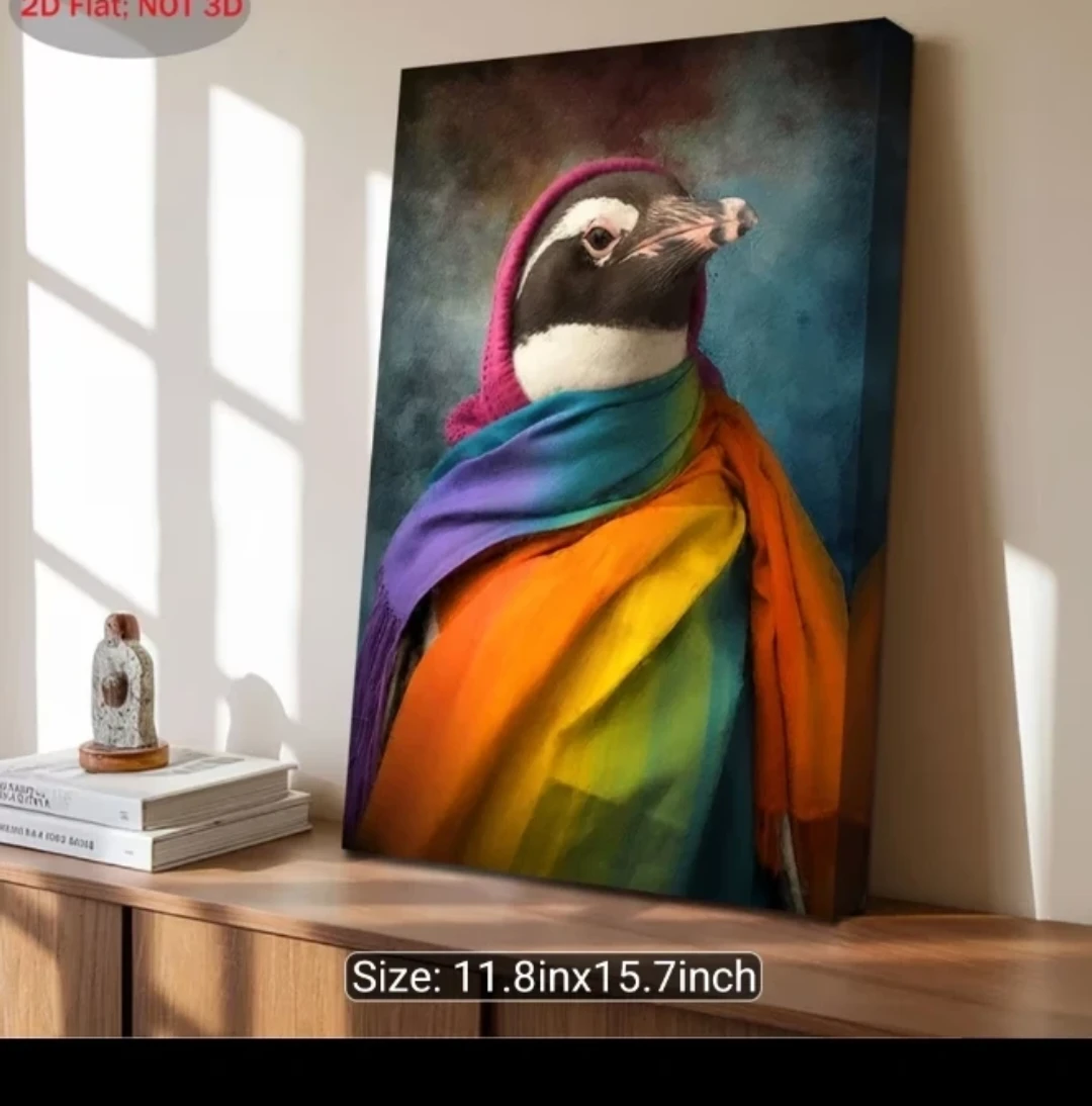 Canvas Print Framed - Penguin with Rainbow Scarf - 11.8"x15.7"
