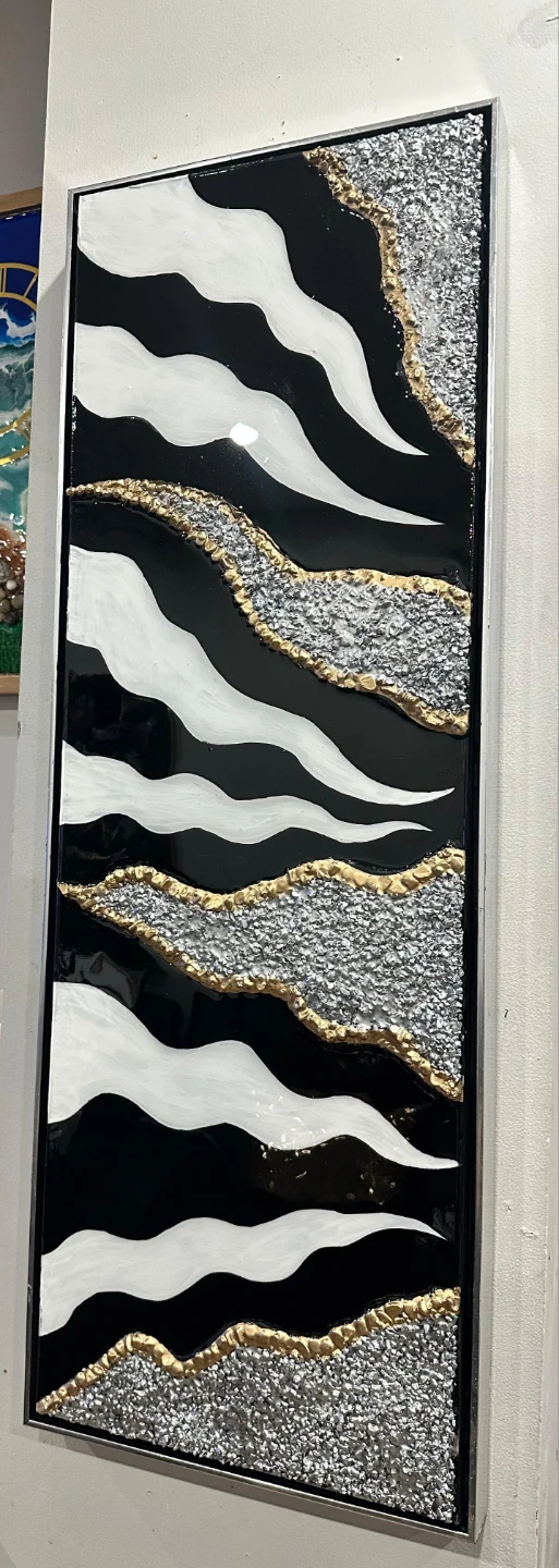 Black and White Abstract Art with Silver and Gold Accents