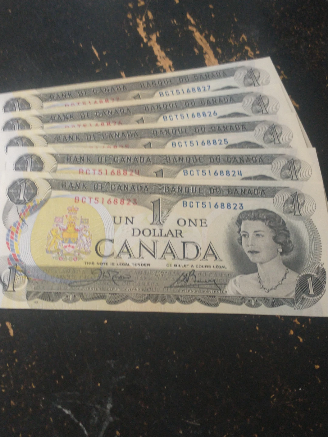 1973 Canada uncirculated 5 consecutive $1 banknotes ends ~8827 - photo 4