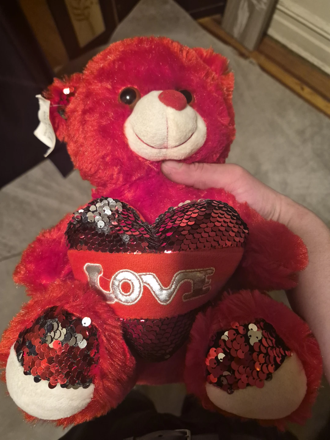 Red Teddy Bear with "Love" Heart Sequin Design