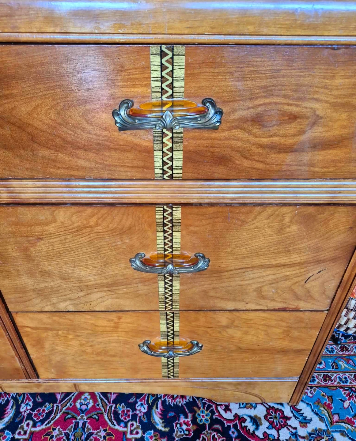 Art Deco Cinnamon Walnut 6 Drawer Dresser With Inlay Accents - photo 5